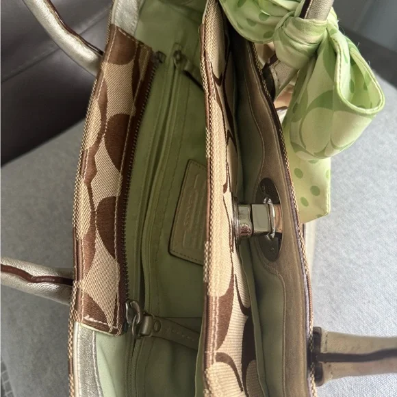 Coach Tan and Green Satchel with Bow Accent - Picture 7 of 10